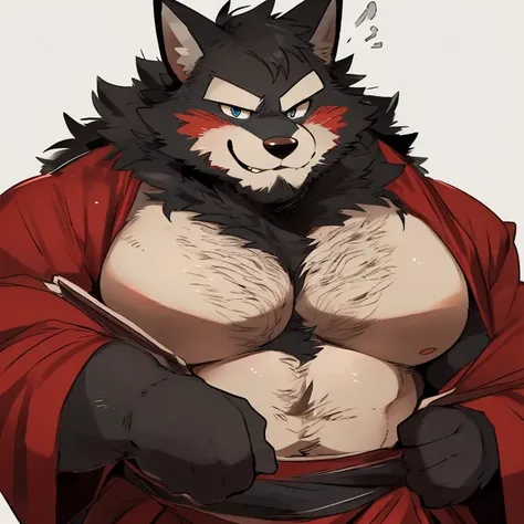 fox, furry, black fur, handsome, very muscular, very big, extremely hot and sexy, beard, hair, chest hair, charming eyes, solo, male, happy expression, daddy, full body, big body, red medieval clothes, middle aged, by hyaku, by darkgem, by glitter trap boy