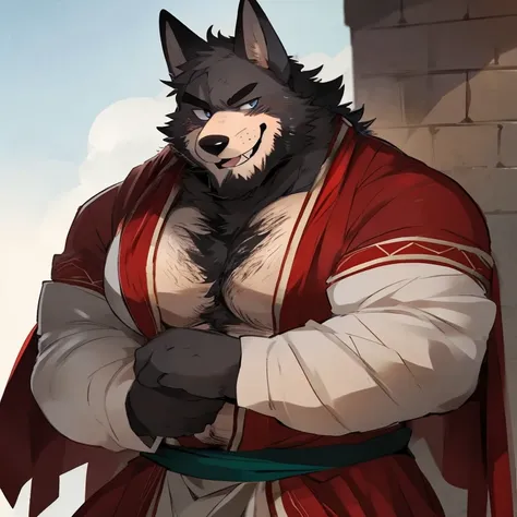 fox, furry, black fur, handsome, very muscular, very big, extremely hot and sexy, beard, hair, chest hair, charming eyes, solo, male, happy expression, daddy, full body, big body, red medieval clothes, middle aged, by hyaku, by darkgem, by glitter trap boy