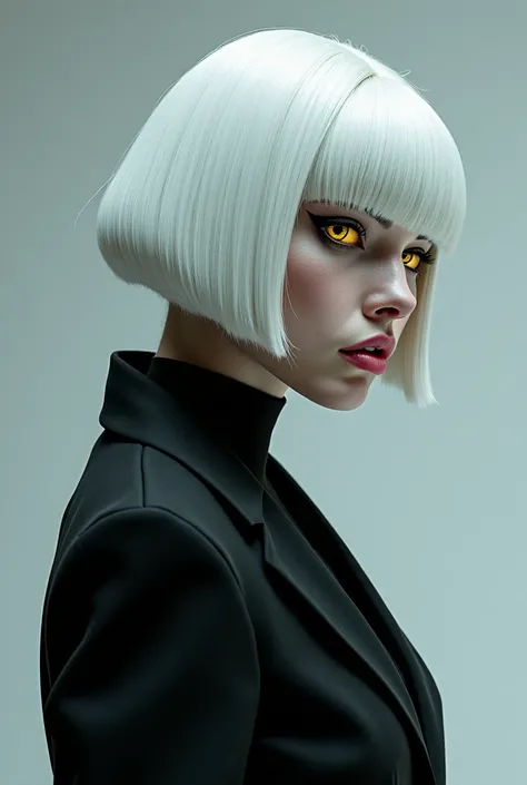 A woman with white hair she have a bob she have       
 Yellow eyes