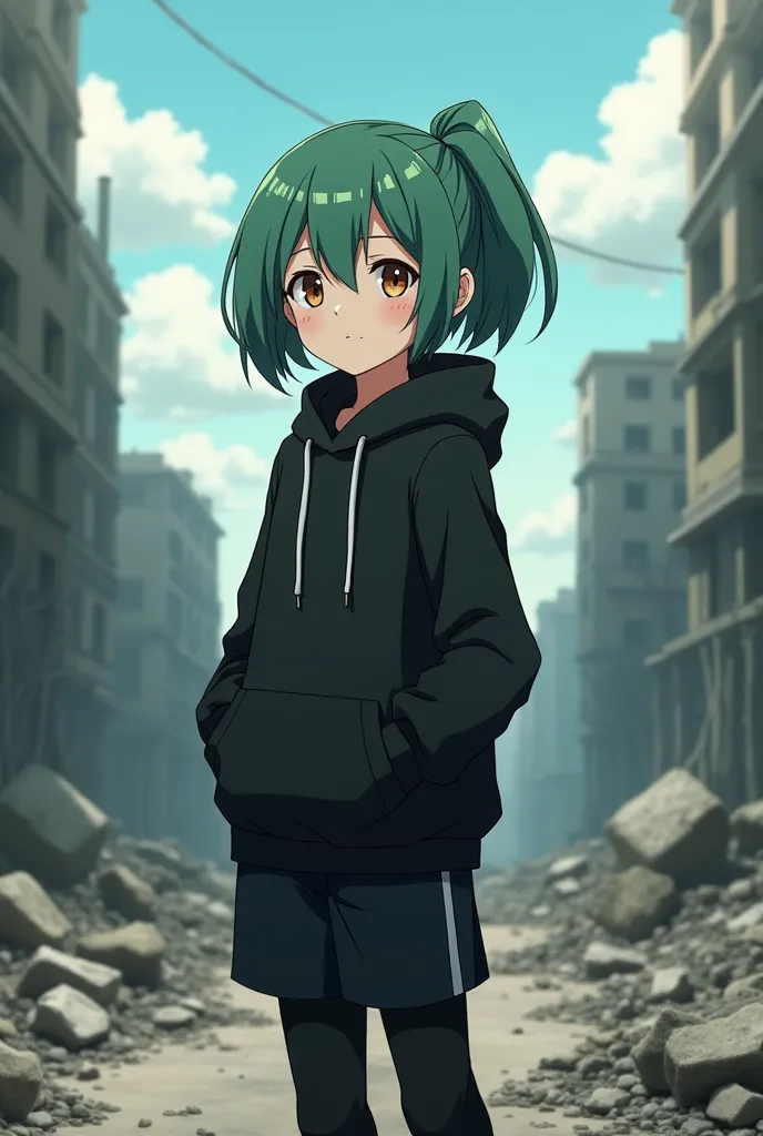 Boy with a bob hair tied in a ponytail, hair color green,  brown eyes , wearing a black hoodie and black pants, stands in the middle of a ruined city in Russia, rubble everywhere , idyllic, production of experience,  best quality, 8k, very detailed,  anime...