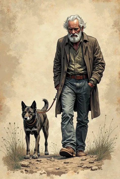 Create very high quality image, in drawing, Old comic book style, com tom Serious para videos motivacionais: an old man, THOUGHTFUL,  walking, Serious, head down, a stray dog behind him, an image with lots of details 