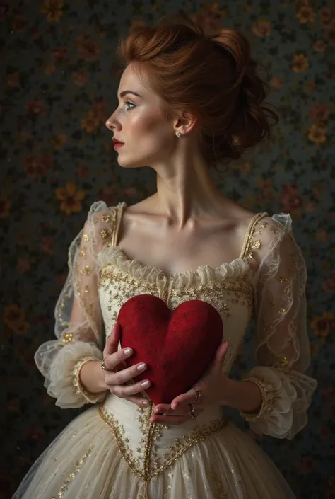 Woman dressed up in fine period clothes not so striking a dress with her hair up to her shoulders in profile that you can see both eyes up to the middle of her body with both hands holding a real heart 