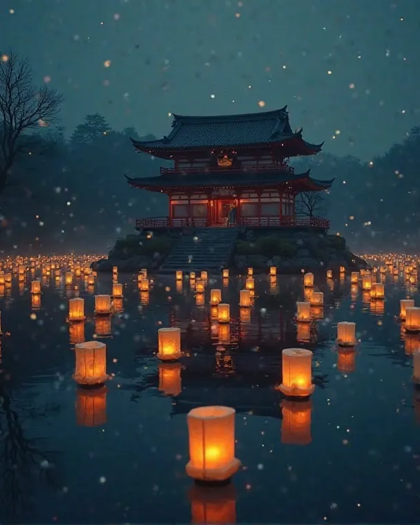 An ancient Shinto shrine stands on a small island in the middle of a dark lake. Thousands of glowing lanterns float on the water surface and are reflected in the calm water.
But below the surface you can see dark shadows, which move silently, as if they we...