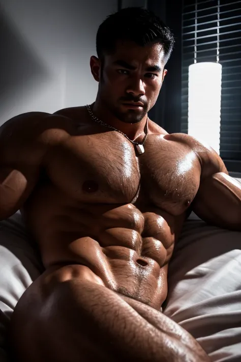 handsome 20s japanese bodybuilder, hairy chest, sweaty, laying on bed, necklace sweaty, 8k, highly detailed, hyperrealistic, dramatic lighting, muscular physique, defined abs, glowing skin, veiny arms, intense facial expression, bedroom interior, silk shee...