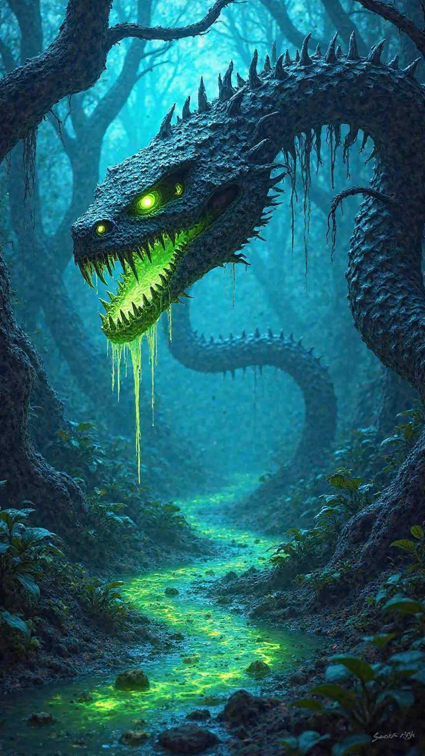 
“A gigantic skeletal serpent, its bones corroded and dripping with sizzling green acid, slithers through a mystical, glowing swamp. The ground is covered in bioluminescent blue and green plants, glowing softly under a misty, neon-lit sky. Giant twisted tr...