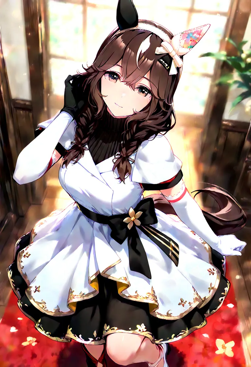 (masterpiece), highly detailed, best quality, (high resolution), 1girl,curren bouquetdor (umamusume), gentle smile, brown hair, brown eyes, ear covers, twin braids, streaked hair, floral print,two-sided fabric, mismatched footwear, asymmetrical gloves,mism...