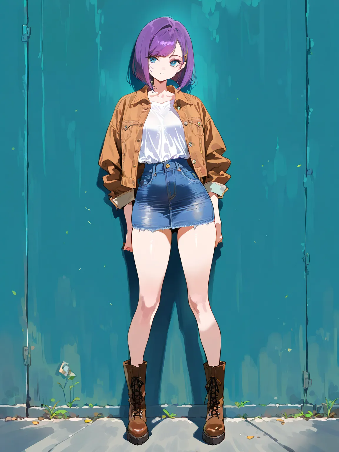 1women, solo, purple hair, blue eyes, small breasts, Choppy bob, Side-Swept Bangs, Button-Up Shirt, brown Denim jacket, mini skirt, boots