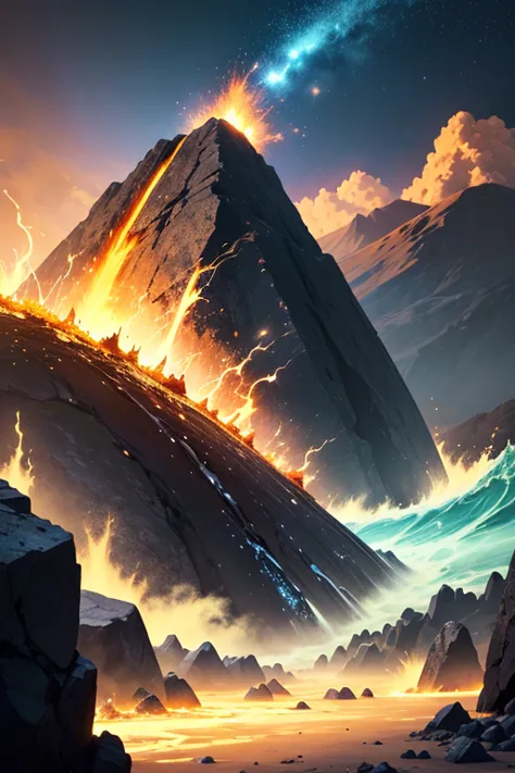 masterpiece, bottomless abyss, Volcanoes,  BREATHING FIRE.  Energetic elements , aura, Wave, particles and harmony. Beautiful sky and rocks in the distance. Adventure landscape . Maximum quality,  Detailed.