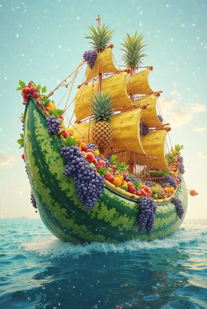 A giant ship made entirely of fruits, including watermelon, pineapples, and grapes, floating on the ocean