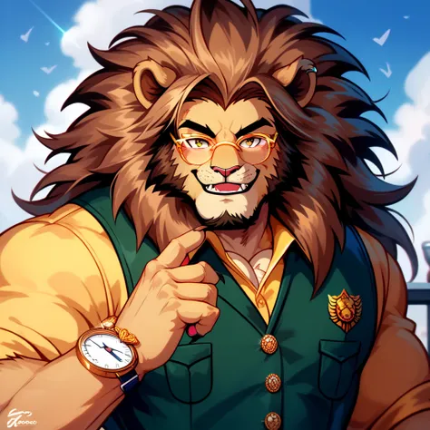 Cornelius is a middle-aged medium anthro muscular brown and tawny lion with a ponytail, feline, male, lion, furry, does not have a lion's mane, big lion man, male, stud, perfect lion face, eyesgod, brown eyes, confident smile, perfect hands, 5 fingers, no ...