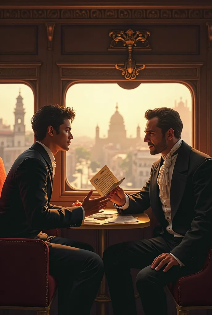  location:  Rio de Janeiro. era: Year 1880. Do the following scene : a 25-year-old boy on a train showing papers and reciting poetry lines to a 60-year-old black-haired aristocrat; the young man is thrilled, The man is indifferent; both are sitting on the ...