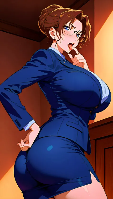 1girl,mature female,milf,huge breasts,portrait,looking at viewer,Best quality,masterpiece,soft light,official art,high quality,highres,absurdres,epic scene,Kisaki Eri,short hair,blue eyes, single hair bun,glasses,professional, elegant, detective, poised, c...