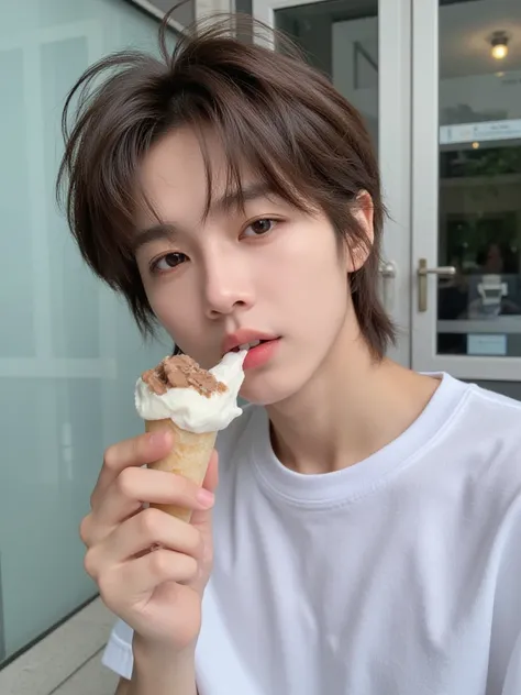 A Filipino male, cute visuals, adorable, ager,, fluffy brown hair, tanned mocha skin, brown eyes, monolids, kind of looks like Taerae from ZEROBASEONE, big lips, big mouth, handsome, instagram post, trendy, cute, eating ice cream outside the company buildi...