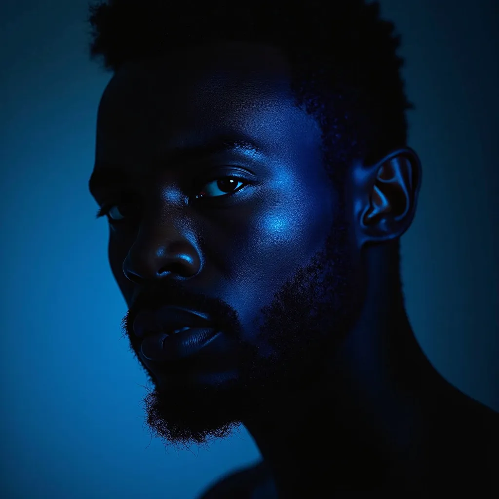 A dark skinned black man with a tight beard, photographed under a play of theatrical lights in a minimalist studio. His face is partially illuminated by intense blue light, while dramatic shadows cover the rest, creating a duality effect. The skin texture ...