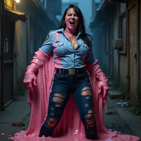 30 year old white police woman, engulfed in a massive blob of pink congealed slime, dressed in a shredded and tattered melting blue police uniform. Ripped up light blue shirt, shredded dark blue pants. Shapely and meaty figure, plump and toned butt, curvy,...