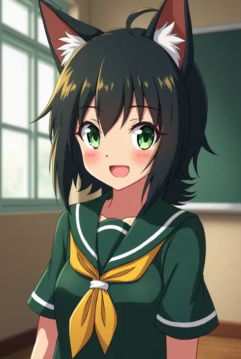 Screenshot of my hero Academia
Straight haired girl with black color with yellow highlights,Wolf cut×mullet haircut,has green eyes,has a somewhat cheerful expression,she wears the UA uniform and in the background she has a UA school class