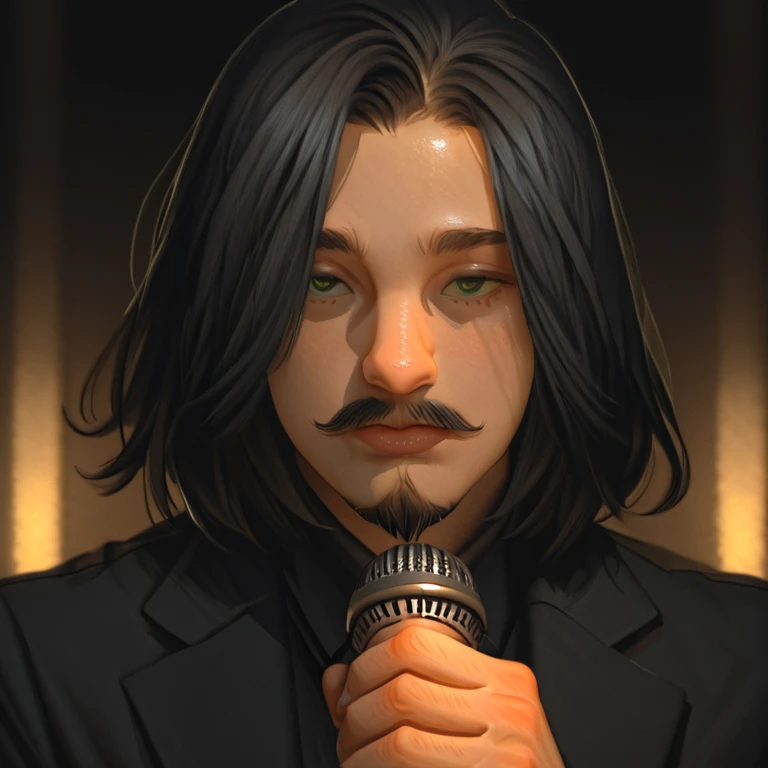 Solo man, black suit, Short hair male cut, stage, microphone in right hand and bible in left hand, goatee, green eyes, calm expression, Moustache, Just the face, detailed