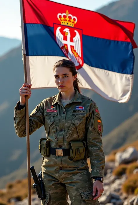 Female soldier holding serbian flag