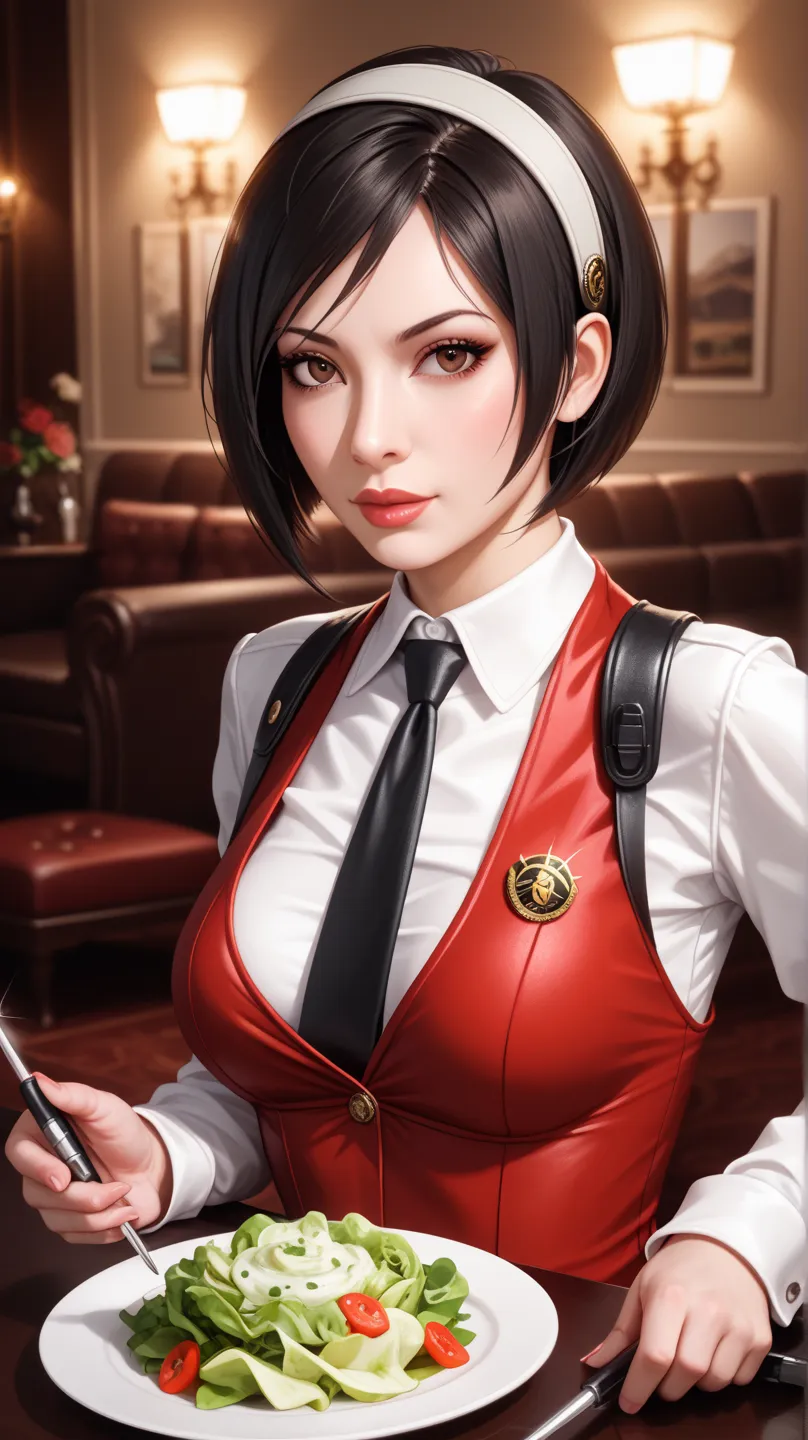 Beautiful Ada Wong, He's eating a salad , She has her spy suit 