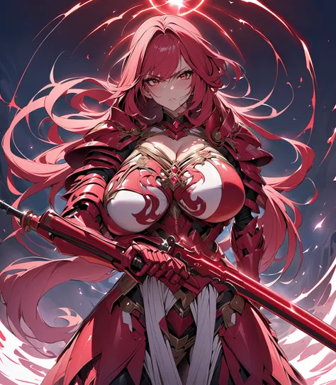 Anime, high detailed, extreme, masterpiece, 4K, 1 girl, girl Knight in a shiny-crimson light-armor, holding a saber sword, Battle stance, very Long hair tied on a low-ponytail,big bosom,  buxom, serious (determined)