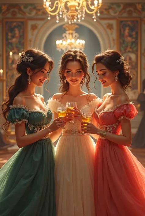 3 debutantes wearing elegant 15th birthday party dresses drinking tequila,  In animation format 
