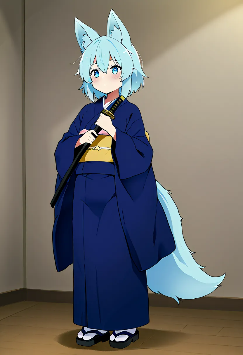 fox Light blue hair 　beast girl　indigo fur　fox beast girl　girls pregnancy 5 months Full-body portrait、Are standing、Holding a sword、woman、kimono、Wolf Ears、Wolf&#39;s Tail