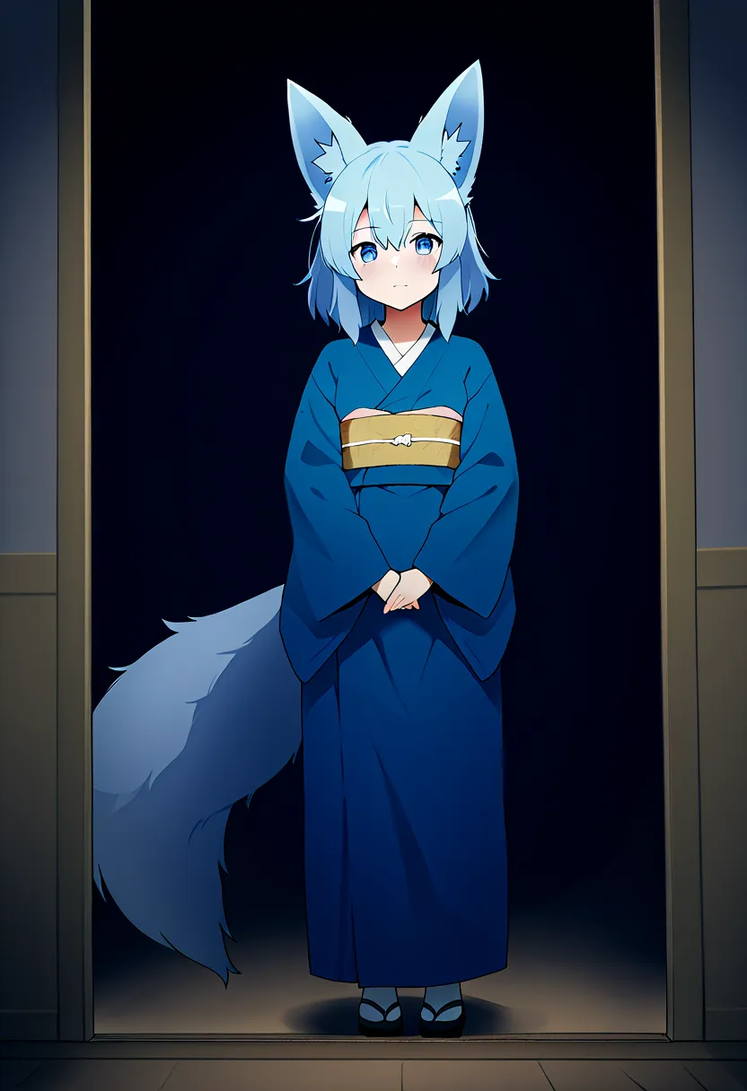 fox Light blue hair 　beast girl　indigo fur　fox beast girl　girls pregnancy 5 months Full-body portrait、Are standing、Holding a sword、woman、kimono、Wolf Ears、Wolf&#39;s Tail