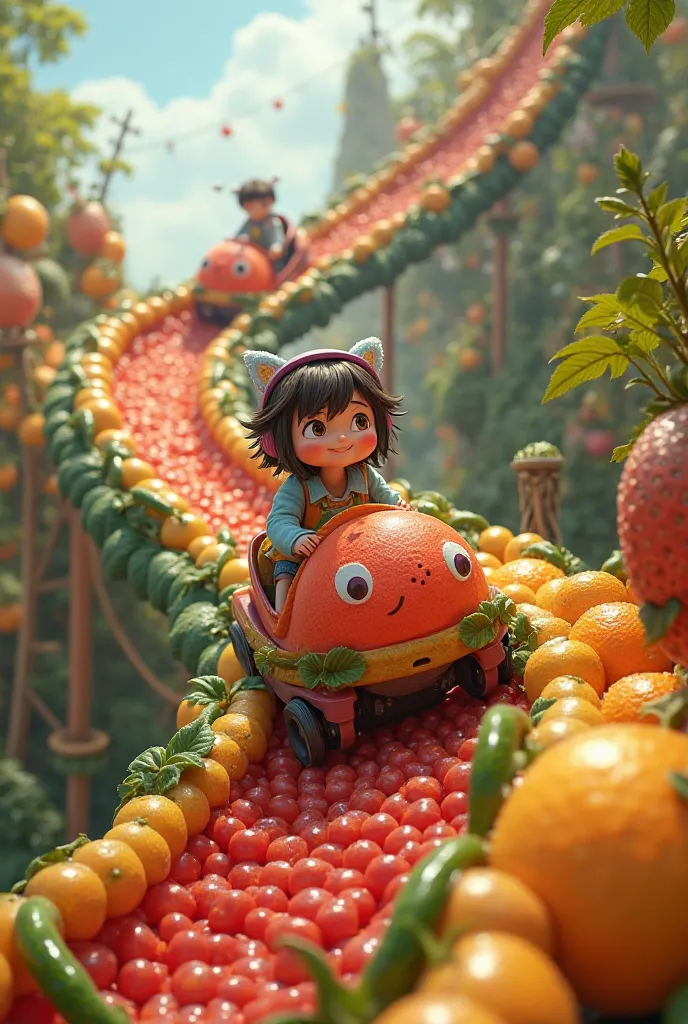 "A thrilling roller coaster built from strawberries, apples, and grapes, with ren enjoying the ride