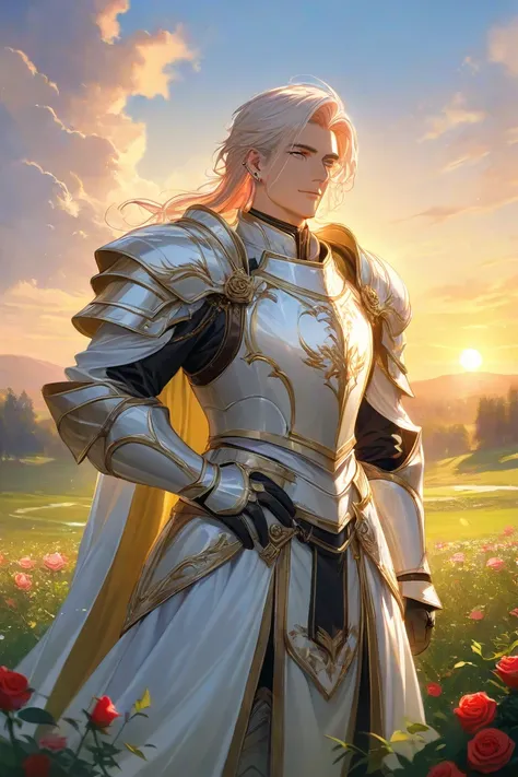 Man in knight armor, white eyes and rose hair with a beautiful face