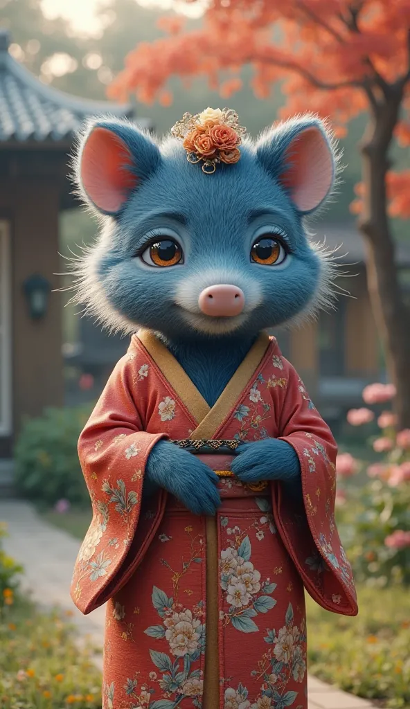  Fantastic　realistic footage　The large garden of a Japanese house　The 　A cute fuzzy blue boar with round eyes wearing a beautiful girl's kimono　Beautiful hair ornament