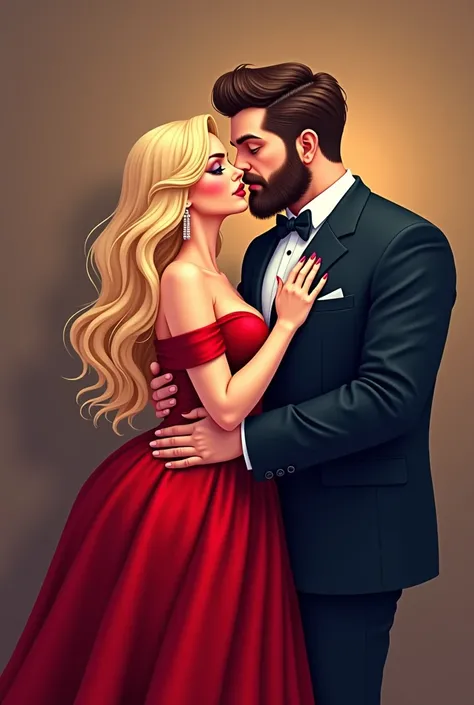 create a beautiful book cover  ,  cartoon style.  A beautiful couple,  elegant and sensual ,  formally dressed .    the woman is very beautiful   ,  is slightly overweight ,   has a lot of curves  , voluptuous.  He wears a beautiful red dress with his shou...