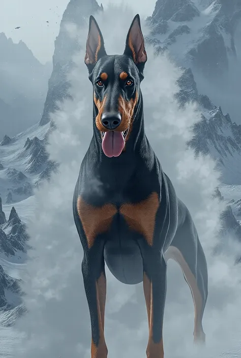 Doberman in the mountains with fur coming out smoke 