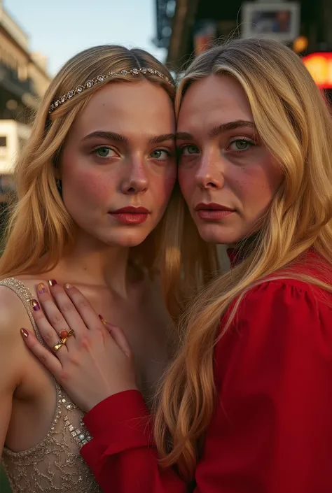 An Award Winning Cinematic Photograph, Princess, a realistic, close-up, cinematic documentary of 2 woman with vibrant blonde silk hair and eyes the hue of twilight, embracing the lively spirit of New Orleans, Louisiana, the city's music and history resonat...
