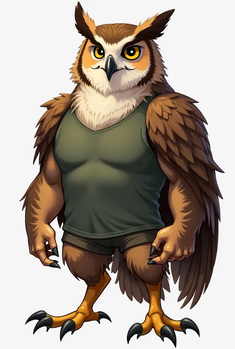 Create a full-body anthropomorphic male owl, with a strong and imposing posture, but without losing its natural anatomy of a bird of prey. The body must be athletic and well proportioned, with a wide and muscular chest within the natural patterns of a powe...