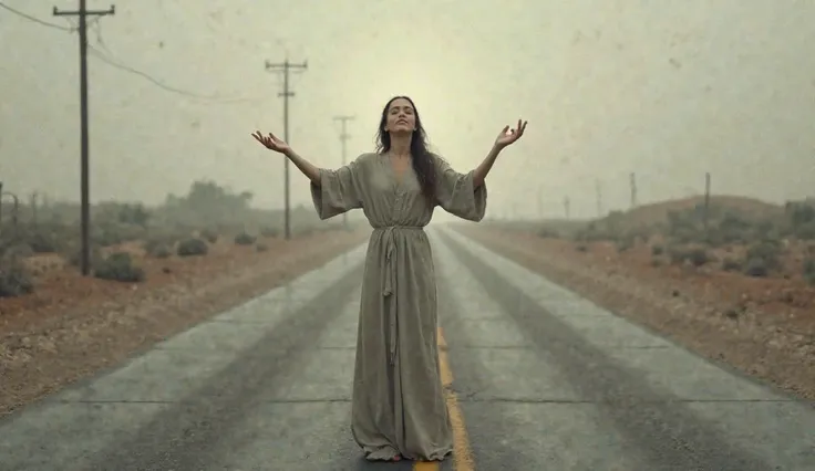 A praying woman standing in the middle of a deserted road, with arms raised to the sky , symbolizing total surrender and trust in God's protection in her walk.

