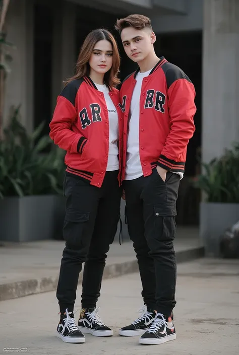 Young couple lovers 18 years old wearing a red black baseball jacket with the inscription Ar dressed in matching black cargo pants black and white romantic sneakers facing the camera  