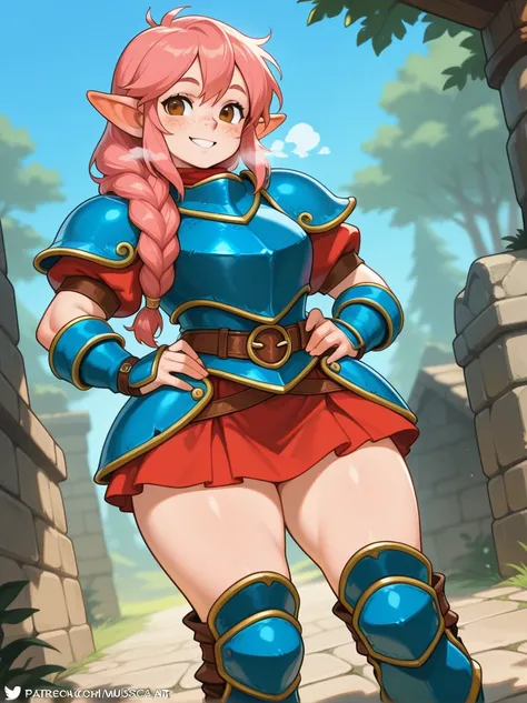 beautiful dwarf girl, solo female, dwarf DND female, , freckles, pink hair, long braid, hazel eyes, muscled, athletic, sexy armor, short stature, blue armor, red skirt, wide shoulders, sexy mini skirt, short woman, smile, sexy abdomen, curvy body, curvy fi...