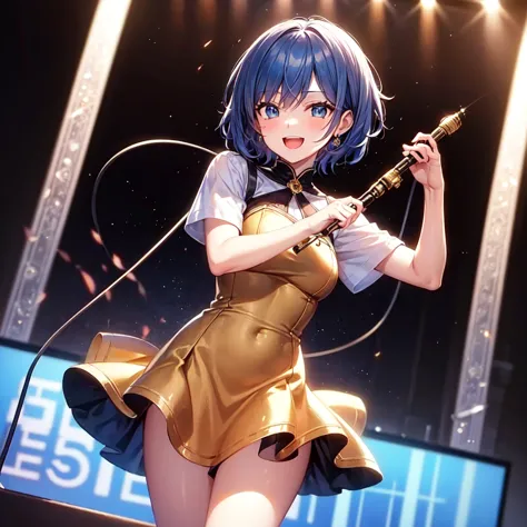 A high school girl with short blue bobbed hair and blue eyes stands in the center of a live stage, holding a microphone. She's wearing a gold dress and has a bright smile, waiting for the music to begin.