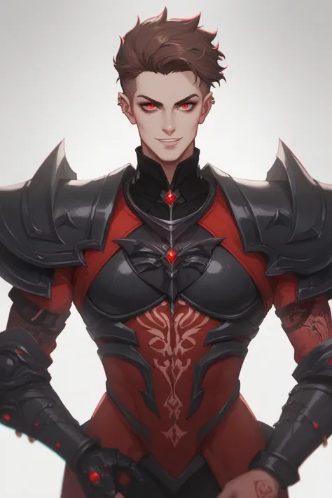 Humanoid creature, red eyes, evil smile, short brown hair, tatto on the forehead, black armor with red details, red ring flying around the body