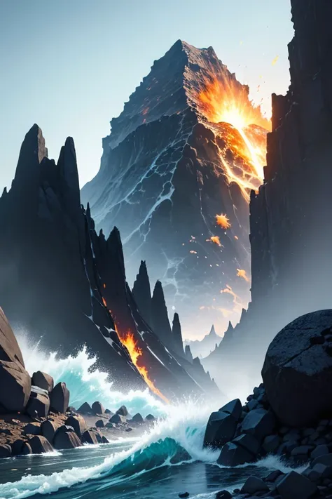 masterpiece, Volcanoes, Fire,  Energetic elements , aura, Wave, particles and harmony. Blue sky and rocks in the distance. Adventure landscape . Maximum quality,  Detailed.