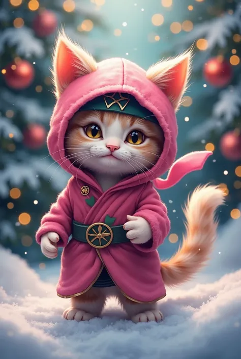 pink ninja costume、 christmas、 cute kitty、tree