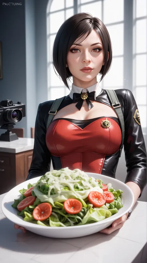 Beautiful Ada Wong, He's eating a salad , She has her spy suit 