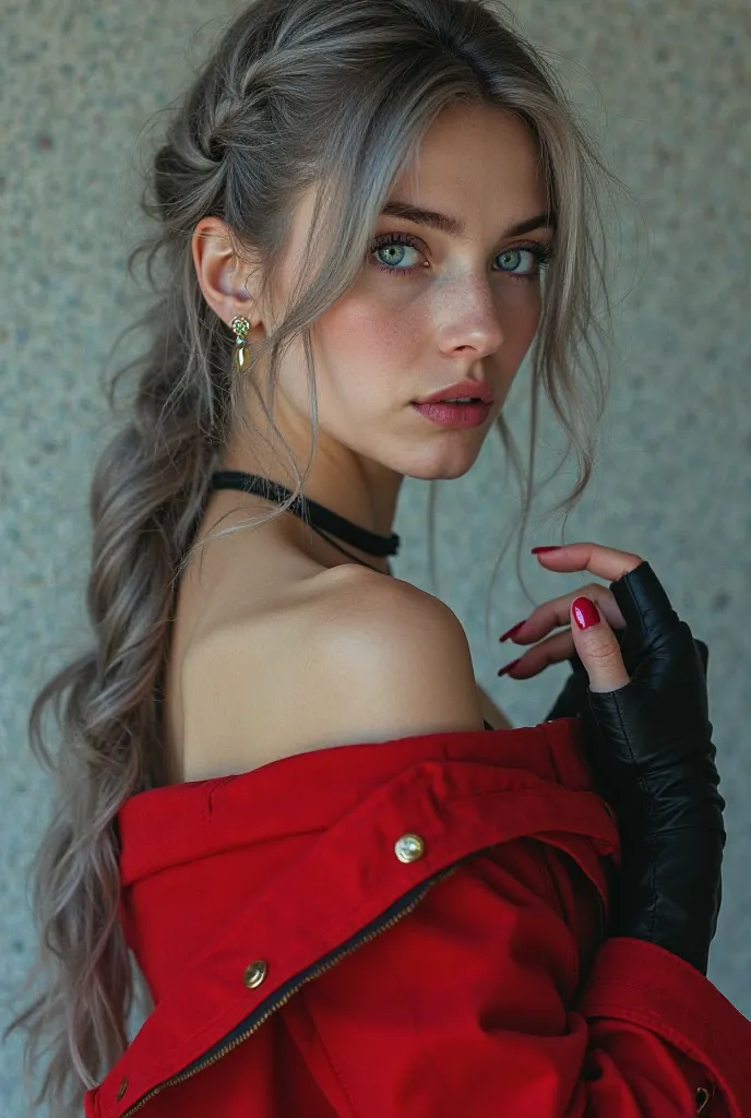 1girl, aqua eyes, back, bangs, bare shoulders, black gloves, blue eyes, braid, choker, earrings, fingerless gloves, from behind, gloves, grey hair, holding, jacket, jewelry, long hair, looking at viewer, looking back, nail polish, off shoulder, parted lips...