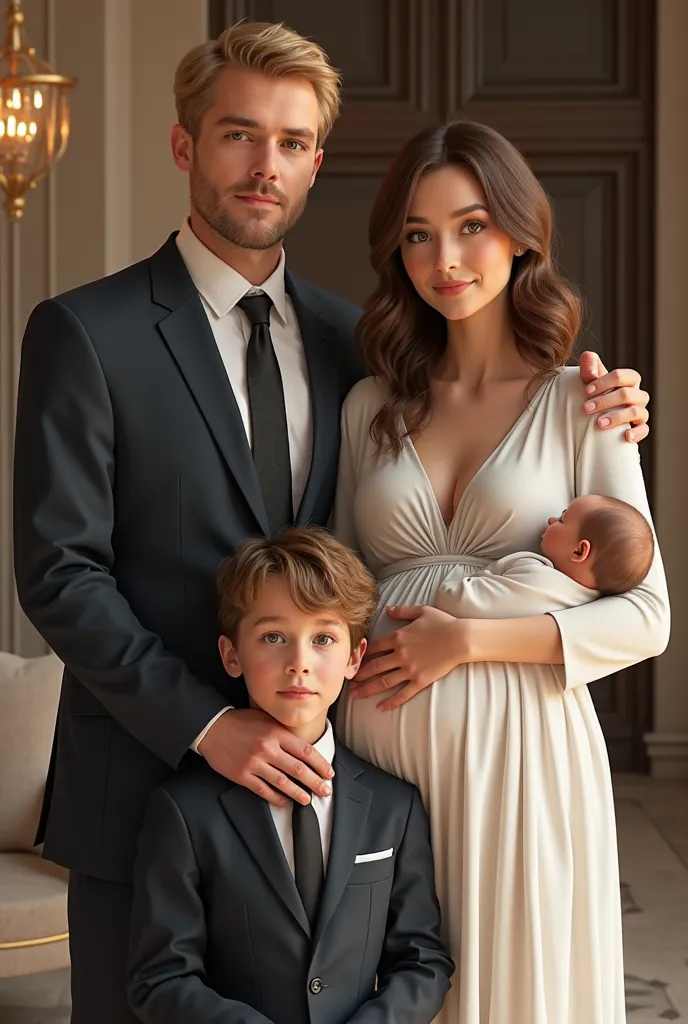 I want, une famille riche moderne en costume et robe : A 25-year-old dad, a 24-year-old pregnant mother, A  boy, A very realistic  baby boy and blond dad and  too but mom with brown hair