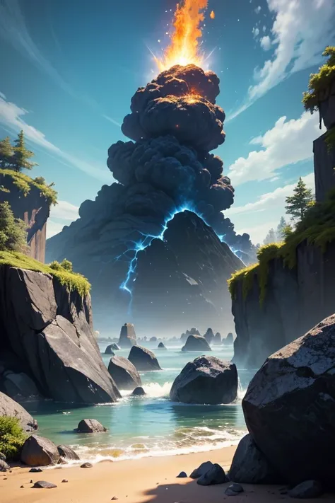 masterpiece, Volcanoes, Fire,  Energetic elements , aura, Wave, particles and harmony. Blue sky and rocks in the distance. Adventure landscape . Maximum quality,  Detailed.