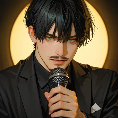 Young Man, black suit, Short hair male cut, stage, microphone in right hand and bible in left hand, goatee, green eyes, calm expression, Moustache, Just the face, detailed