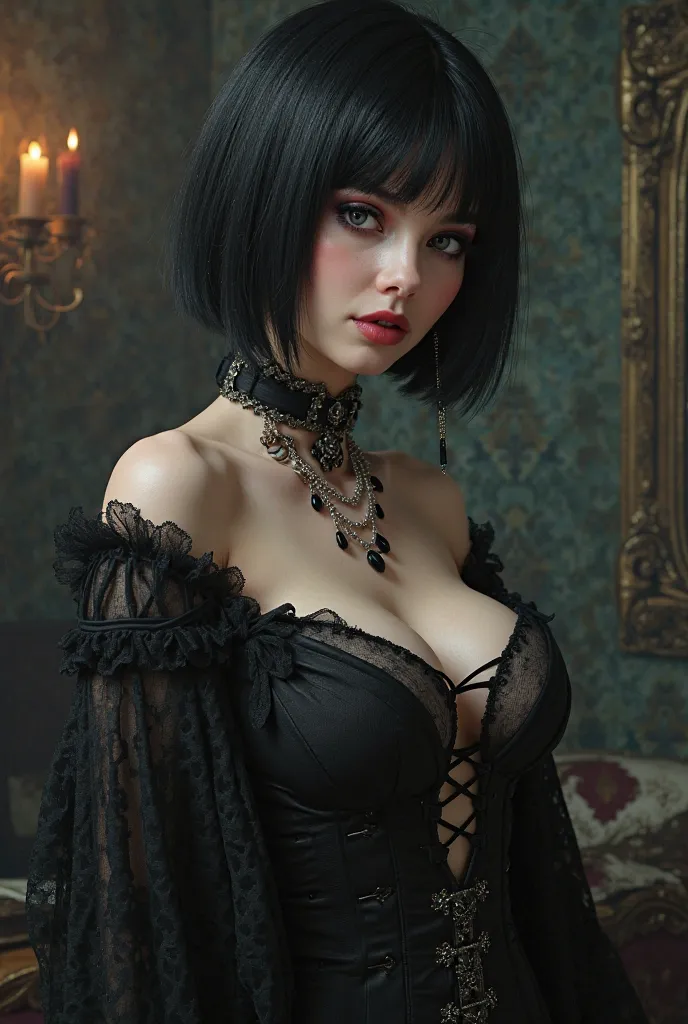 Realistic busty short haired goth woman