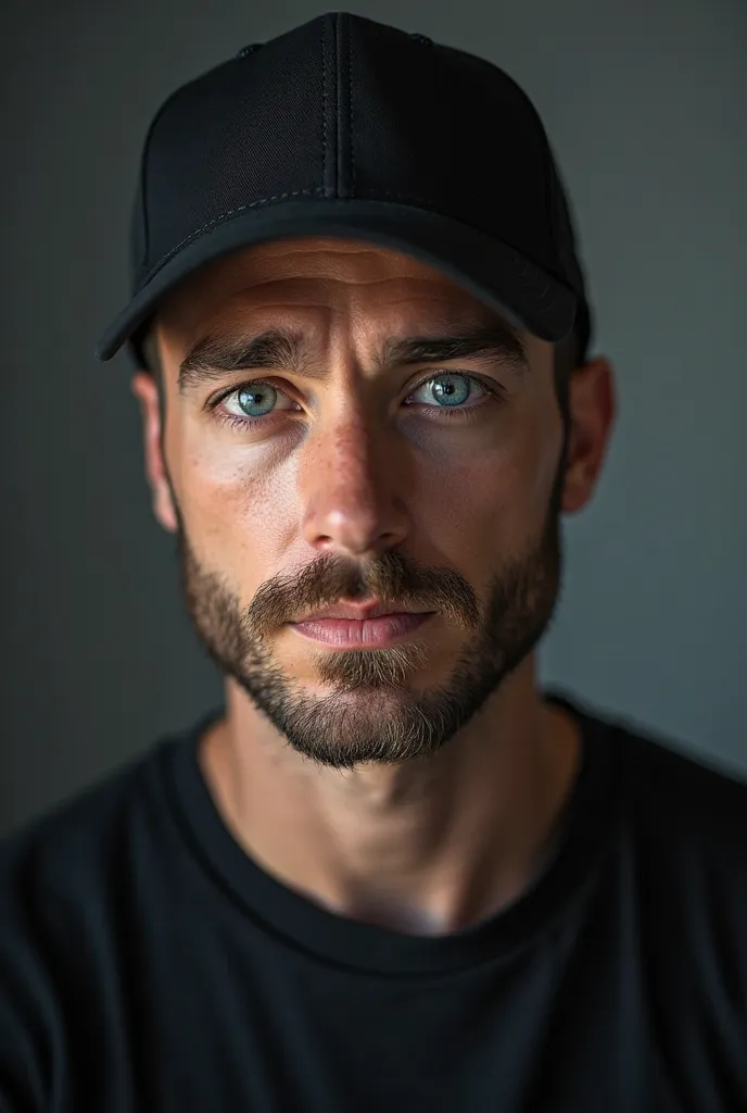 Un portrait hyperréaliste d'un homme aux yeux bleu clair saisissants qui transmettent intensité et charme. Sa barbe bien taillée est méticuleusement détaillée, complétant son expression assurée qui respire le charisme. Il porte une casquette de baseball no...