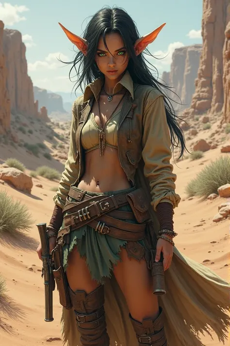 elf, cowboy, Pancho,  messy black hair, long hair, desert background,, gun holster, fantasy, green eyes