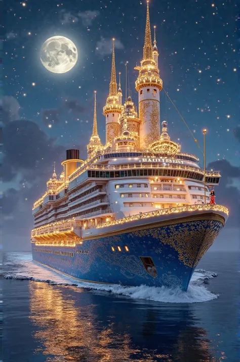 Prompt ultra détaillé et hyper-réaliste pour un bateau de croisière féérique Disney

**“A breathtaking, ultra-realistic cruise ship transformed into a magnificent, enchanted Disney fairytale castle, sailing across a dreamy, sparkling ocean at twilight. The...